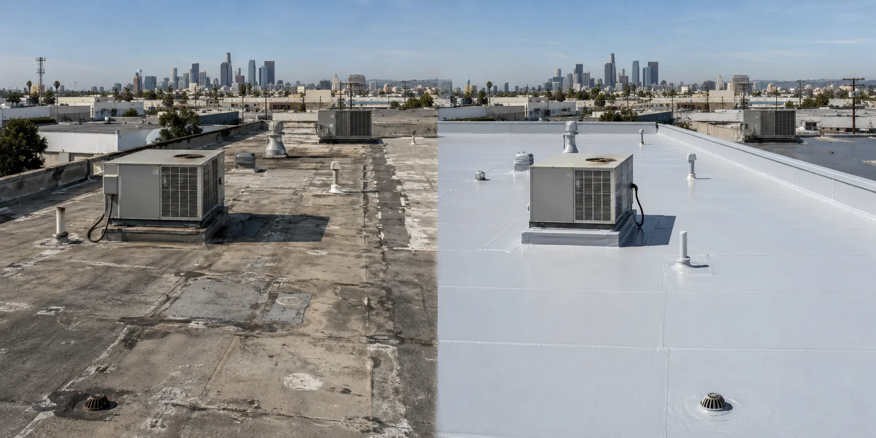Matching before and after views of an aged commercial roof and a completed reflective membrane system