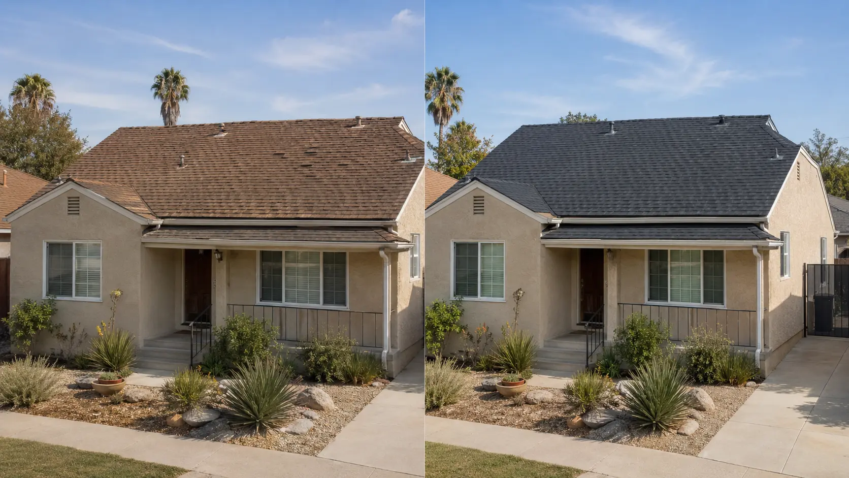 Matching before and after views of a worn brown shingle roof replaced with charcoal architectural shingles