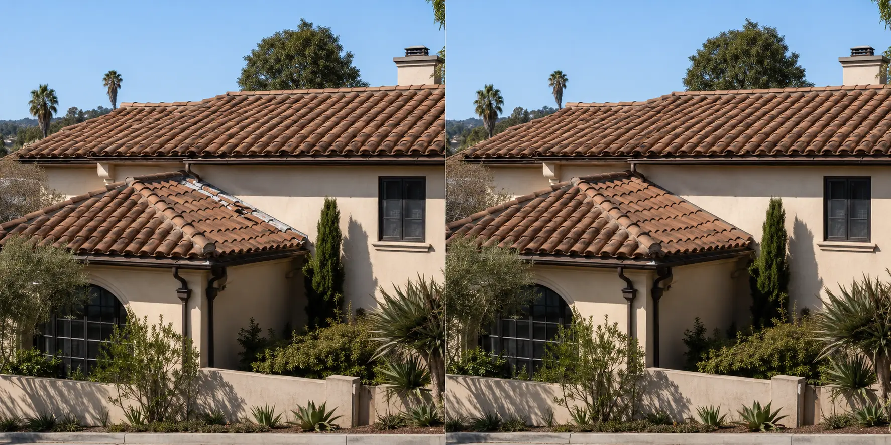 Matching before and after views of damaged terracotta tiles and the completed color-matched repair