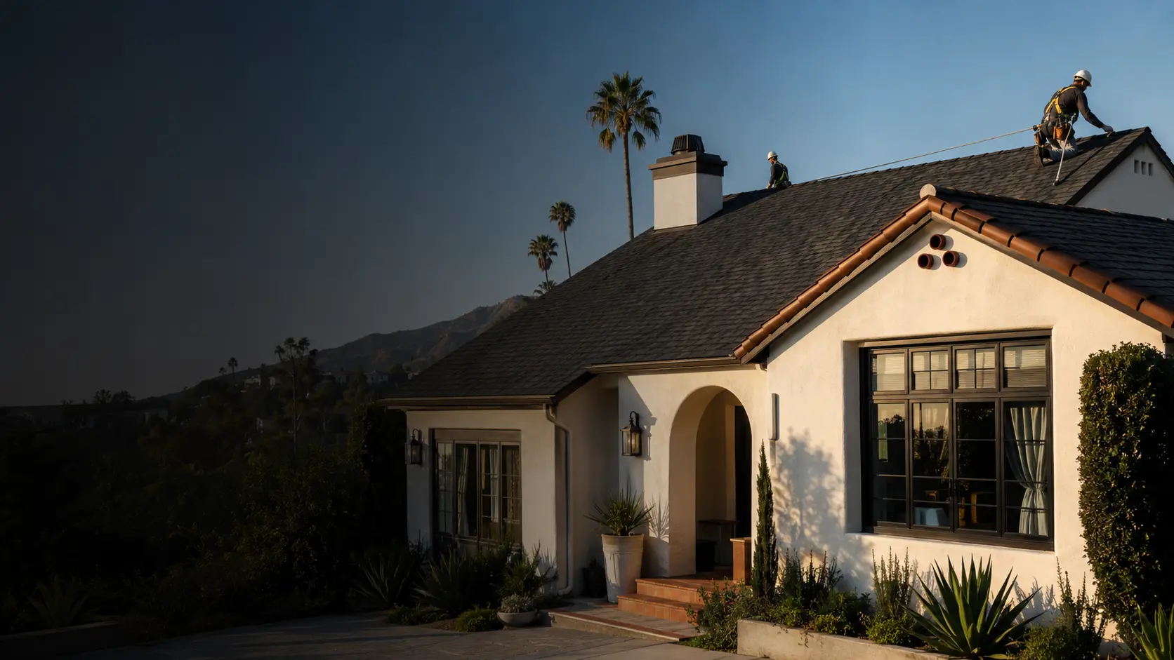 New charcoal shingle roof on a Los Angeles-area stucco home
