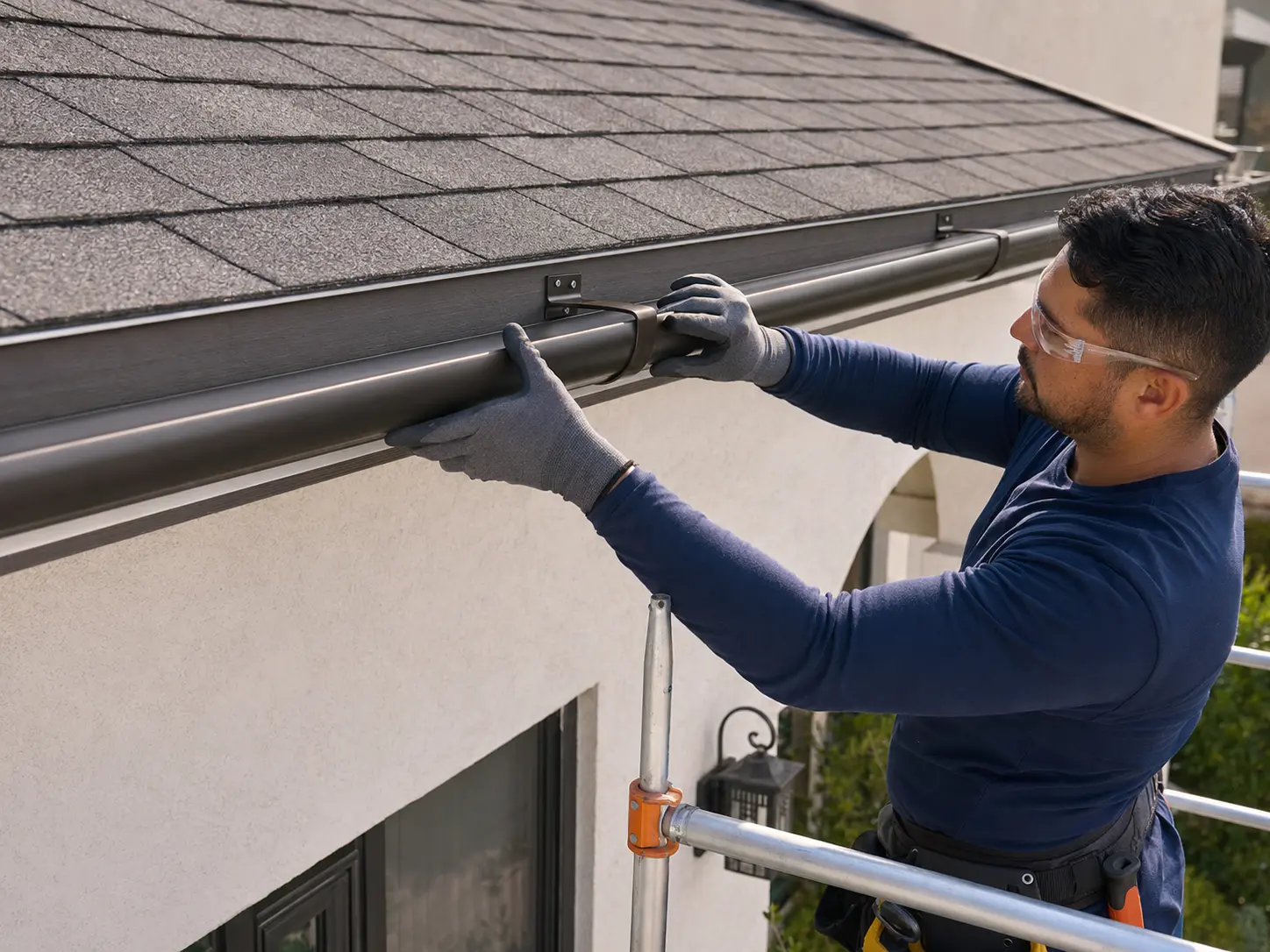 New dark metal gutter being installed on a California home