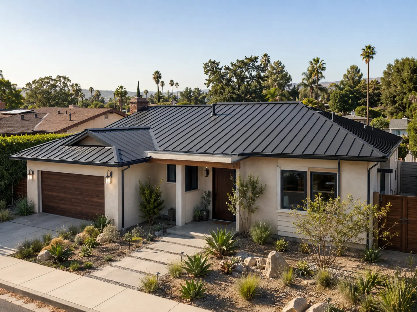 Dark standing-seam metal roofing with carefully finished edges and transitions