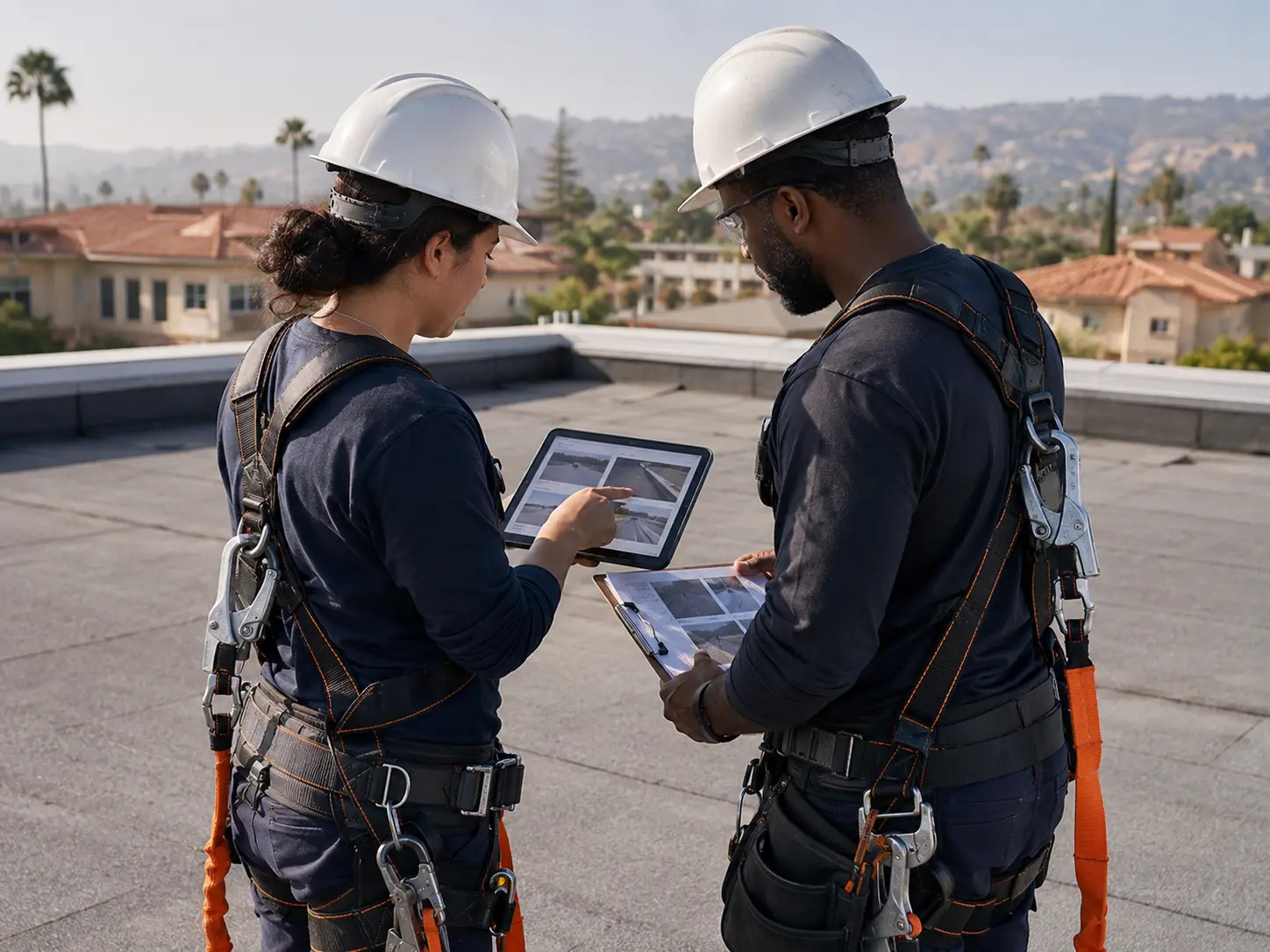 Roofing professionals reviewing roof conditions during an inspection